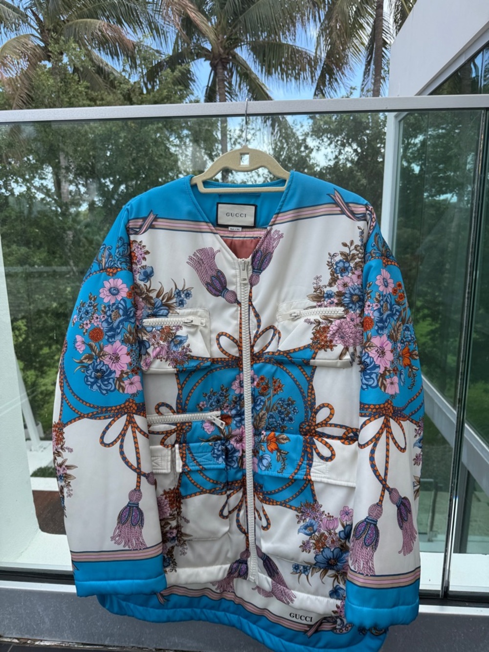 Gucci Blue White Floral Silk-Blend Bomber Jacket